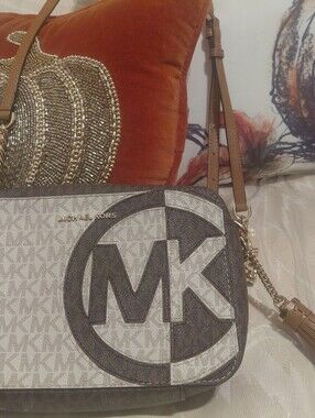 Michael Kors Two-Tone Logo Crossbody in Brown and Cream
